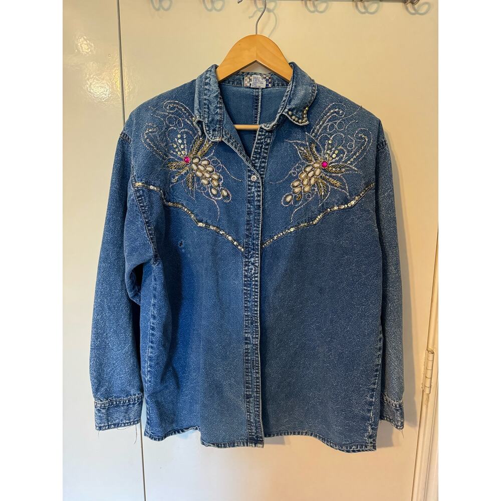 Vintage 90s embellished denim button up shirt women's medium Pretty Bleu
